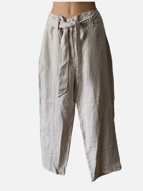 Women's Light beige Linen Tie-Waist Capris